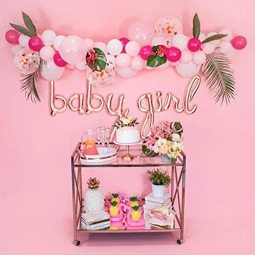 Pink and white balloon decoration kit with baby girl balloons for baby shower from Parte Haus party supply store in Bethesda MD
