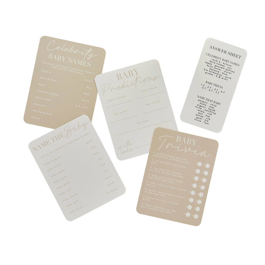 Neutral color baby shower activity cards with trivia and games baby shower theme from Parte Haus party supply store in Bethesda MD