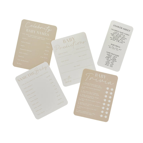 Neutral color baby shower activity cards with trivia and games baby shower theme from Parte Haus party supply store in Bethesda MD