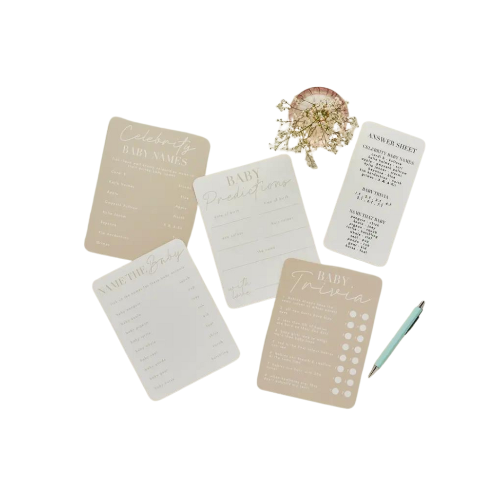Neutral beige baby shower activity cards with pen baby shower games from Parte Haus party supply store in Bethesda Maryland