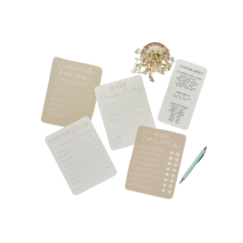 Neutral beige baby shower activity cards with pen baby shower games from Parte Haus party supply store in Bethesda Maryland
