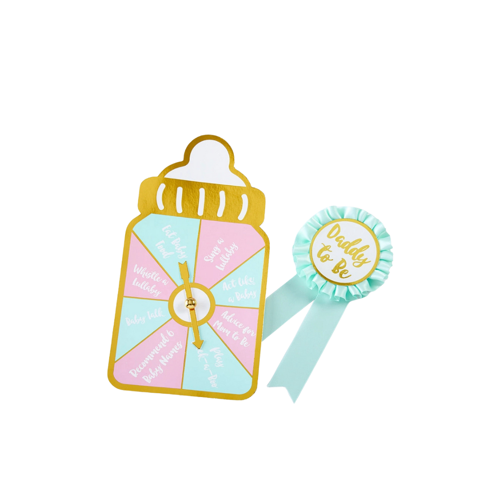 Mint and gold baby shower game set with bottle spinner and daddy to be badge from Parte Haus party supply store in Bethesda Maryland