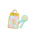 Mint and gold baby shower game set with bottle spinner and daddy to be badge from Parte Haus party supply store in Bethesda Maryland