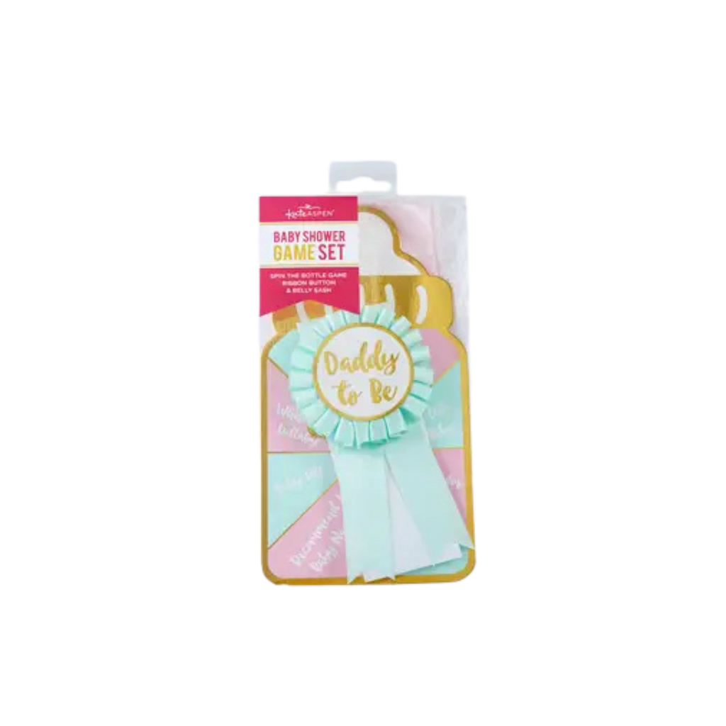 Mint green and gold baby shower game set with daddy to be sash for baby shower from Parte Haus party supply store in Bethesda Maryland