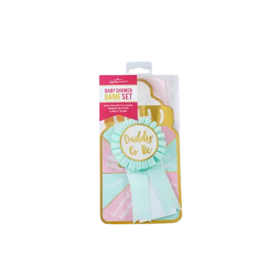 Mint green and gold baby shower game set with daddy to be sash for baby shower from Parte Haus party supply store in Bethesda Maryland