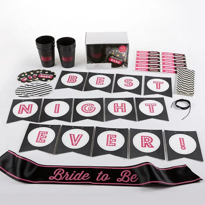 Black and pink bachelorette party kit with cups banners and sash bachelorette theme from Parte Haus party supply store in Bethesda MD