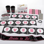 Black and pink bachelorette party kit with cups sash and banner theme from Parte Haus party supply store in Bethesda MD