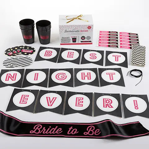 Black and pink bachelorette party kit with cups sash and banner theme from Parte Haus party supply store in Bethesda MD
