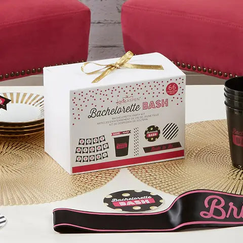 Pink and black bachelorette kit with cups plates and sash for bachelorette celebration from Parte Haus party supply store in Bethesda MD
