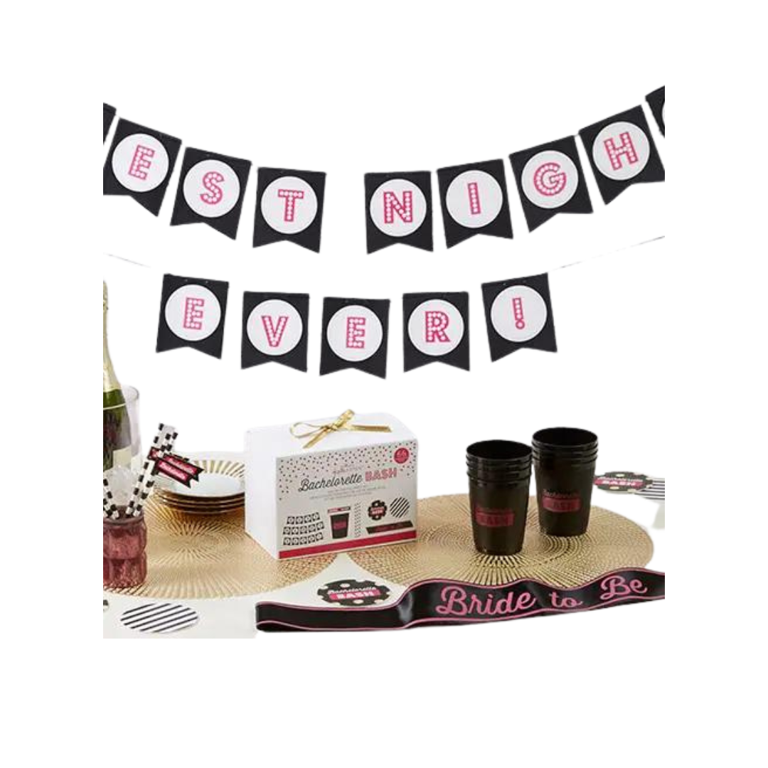 Black pink bachelorette party kit with cups plates banner and sashes bachelorette theme from Parte Haus party supply store in Bethesda MD