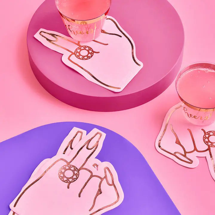 Pink hand shaped cocktail napkins with gold ring design bridal shower from Parte Haus party supply store in Bethesda MD