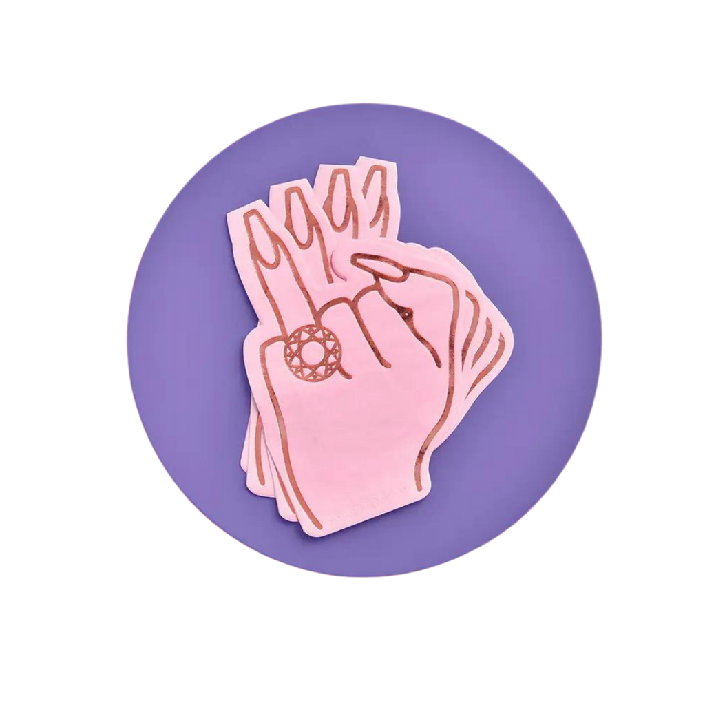 Pink hand shaped cocktail napkins with engagement ring for bridal shower from Parte Haus party supply store in Bethesda Maryland