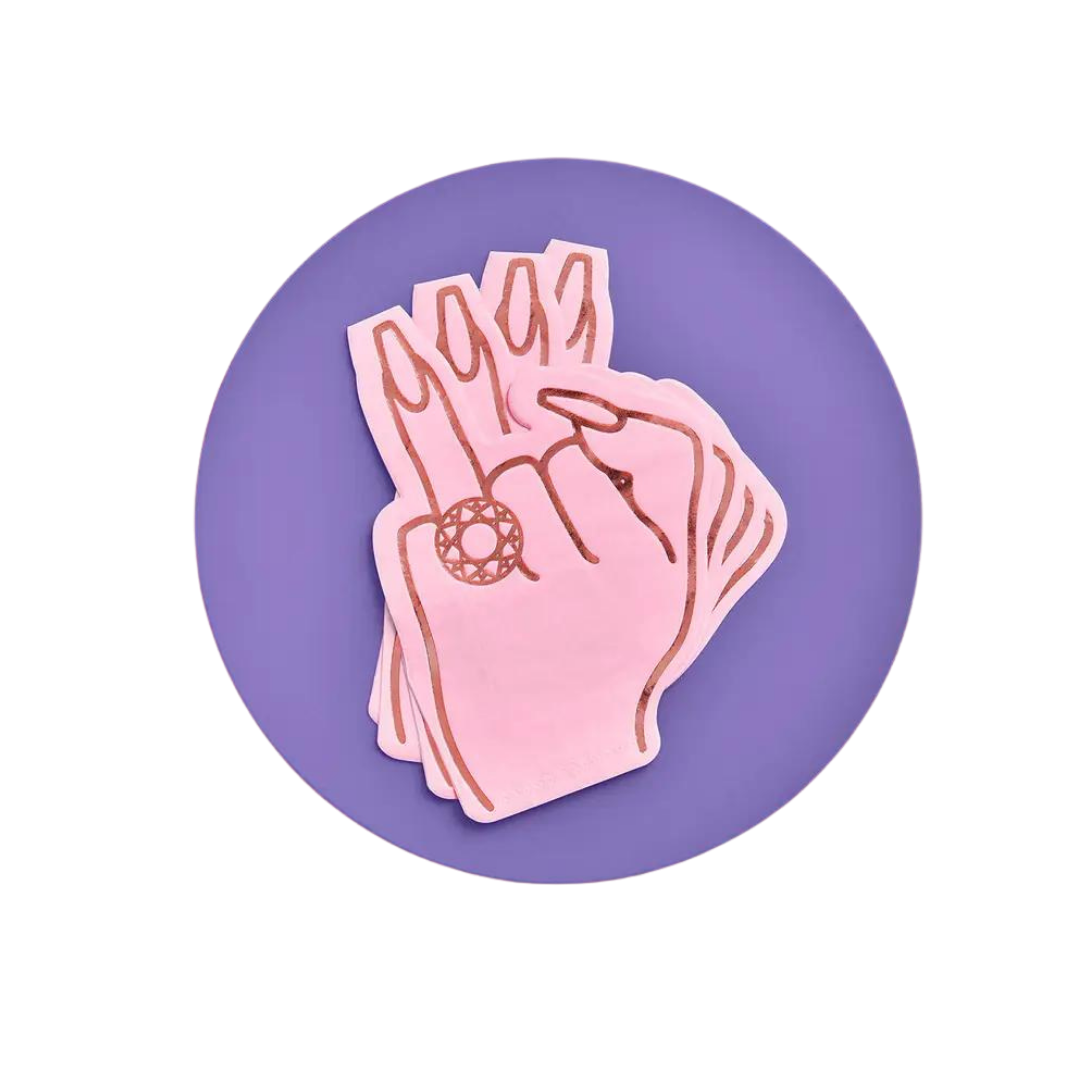 Pink hand shaped cocktail napkins with engagement ring for bridal shower from Parte Haus party supply store in Bethesda Maryland