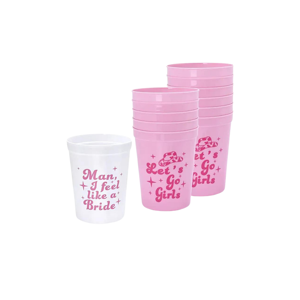 Pink and white plastic bachelorette cups with playful text disco theme from Parte Haus party supply store in Bethesda Maryland