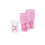Pink and white plastic bachelorette cups with playful text disco theme from Parte Haus party supply store in Bethesda Maryland