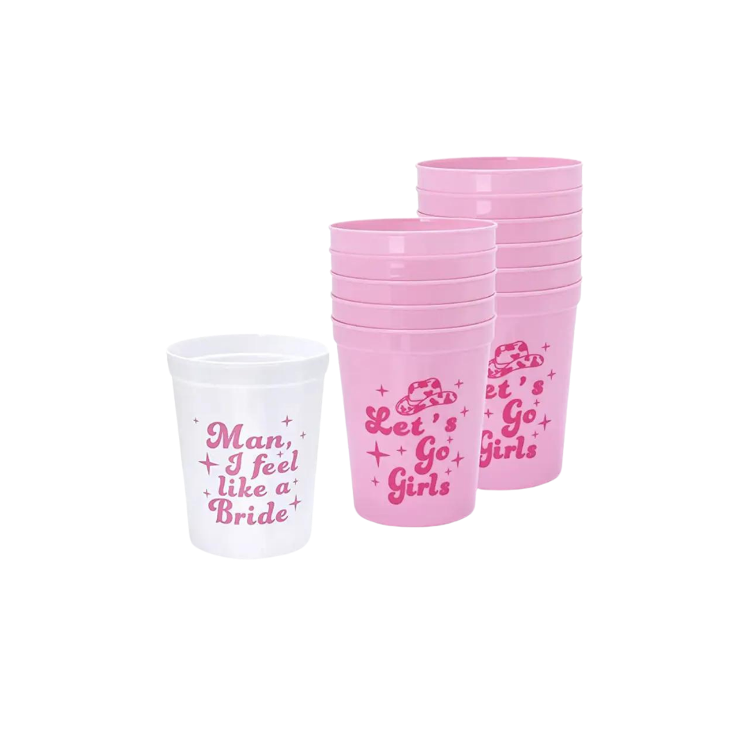 Pink and white plastic bachelorette cups with playful text disco theme from Parte Haus party supply store in Bethesda Maryland