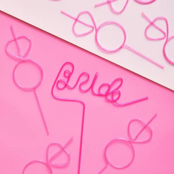 Pink bachelorette straw set with word bride bridal shower theme from Parte Haus party supply store in Bethesda MD