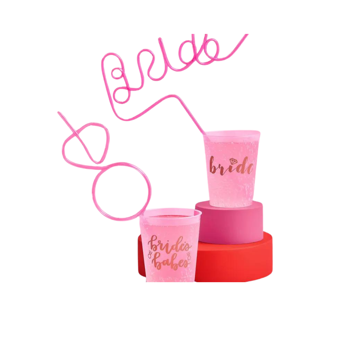 Pink bachelorette straw set with bride and bride’s babes cups bridal shower from Parte Haus party supply store in Bethesda MD
