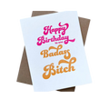 White and brown letterpress birthday greeting card with bold pink and orange text birthday theme from Parte Haus party supply store in Bethesda MD