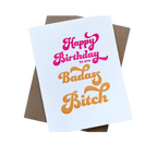White and brown letterpress birthday greeting card with bold pink and orange text birthday theme from Parte Haus party supply store in Bethesda MD