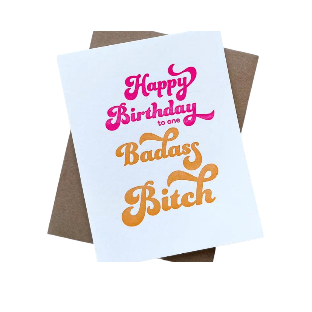 White and brown letterpress birthday greeting card with bold pink and orange text birthday theme from Parte Haus party supply store in Bethesda MD