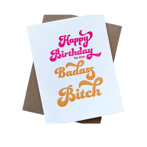 White and brown letterpress birthday greeting card with bold pink and orange text birthday theme from Parte Haus party supply store in Bethesda MD