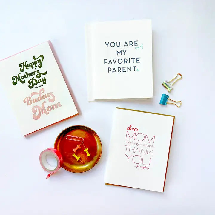 Multicolor letterpress Mother's Day greeting cards with fun messages for Mother's Day from Parte Haus party supply store in Bethesda Maryland