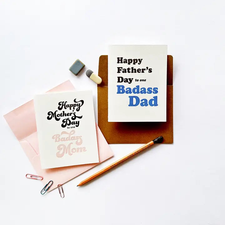 White and pink letterpress greeting card with bold Happy Mother’s Day text for Mother’s Day from Parte Haus party supply store in Bethesda Maryland