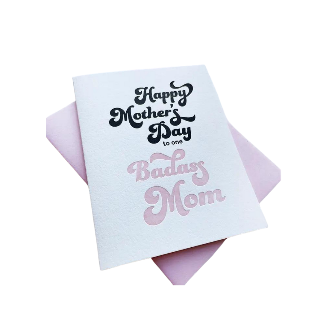 White and pink letterpress Mother's Day greeting card with bold script from Parte Haus party supply store in Bethesda Maryland