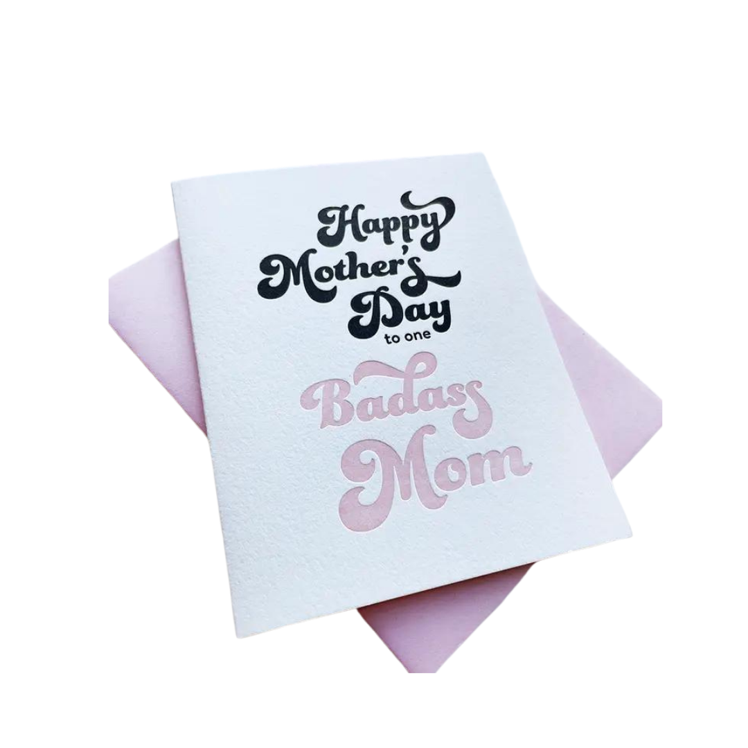White and pink letterpress Mother's Day greeting card with bold script from Parte Haus party supply store in Bethesda Maryland