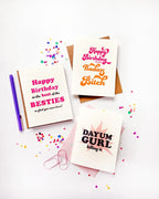 Pink and orange letterpress birthday greeting cards with bold text for birthdays from Parte Haus party supply store in Bethesda Maryland