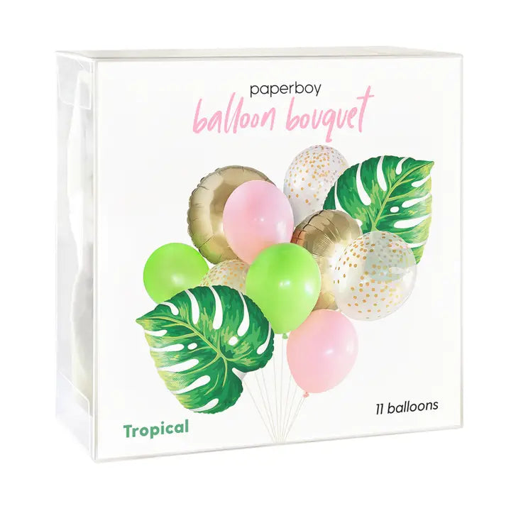 Tropical green pink and gold balloon bouquet with leaf accents for summer celebration from Parte Haus party supply store in Bethesda Maryland
