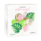 Tropical green pink and gold balloon bouquet with leaf accents for summer celebration from Parte Haus party supply store in Bethesda Maryland