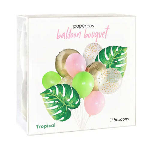 Tropical green pink and gold balloon bouquet with leaf accents for summer celebration from Parte Haus party supply store in Bethesda Maryland