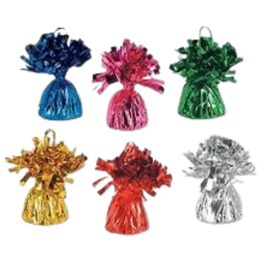 Blue pink green gold red silver metallic balloon weights for birthday events from Parte Haus party supply store in Bethesda Maryland