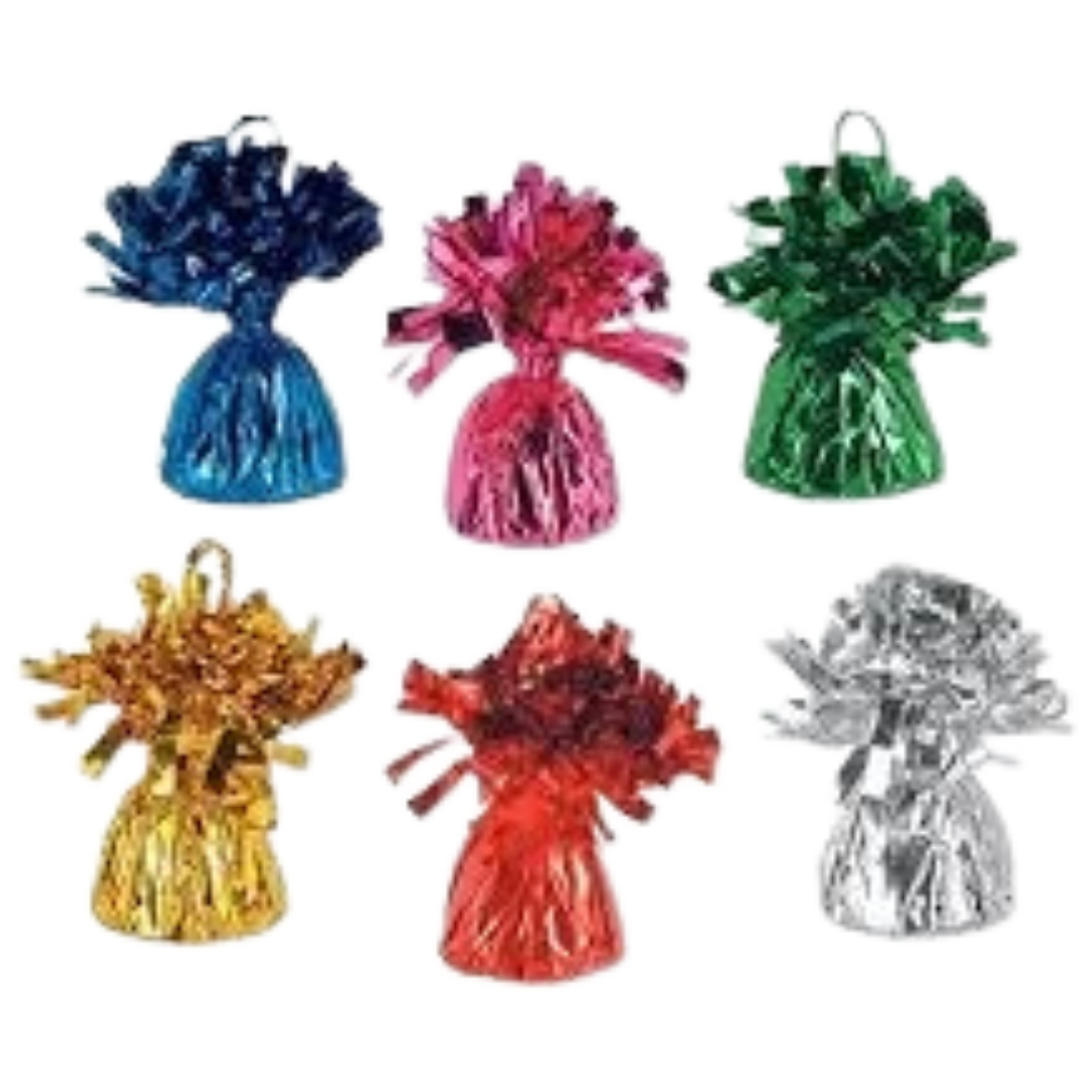 Blue pink green gold red silver metallic balloon weights for birthday events from Parte Haus party supply store in Bethesda Maryland