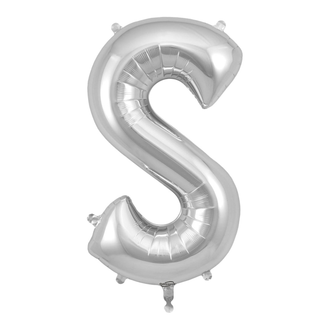 Silver letter S balloon shiny metallic birthday decoration from Parte Haus party supply store in Bethesda MD