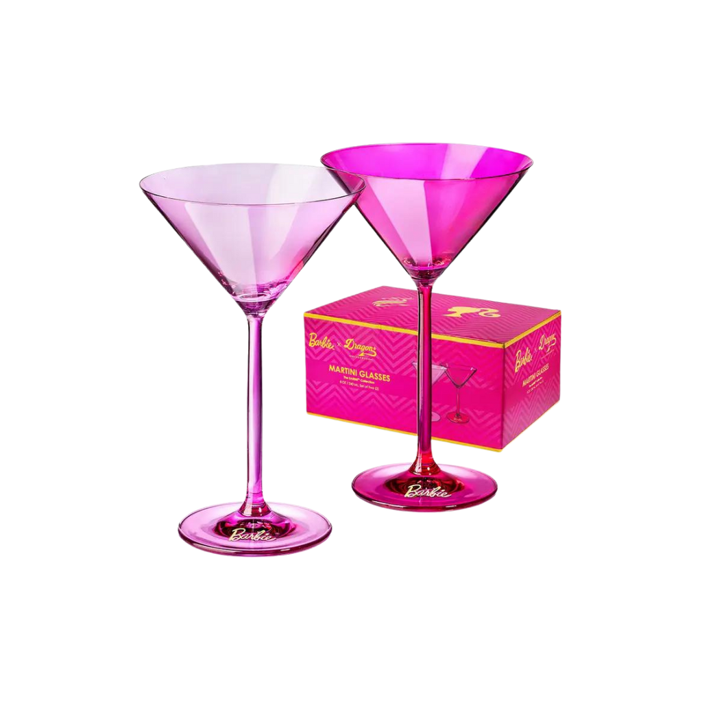 Pink Barbie martini glasses set with branded box for celebration from Parte Haus party supply store in Bethesda Maryland