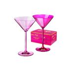 Pink Barbie martini glasses set with branded box for celebration from Parte Haus party supply store in Bethesda Maryland