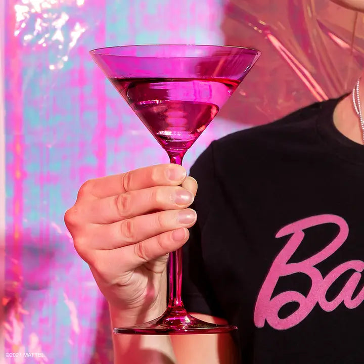Pink martini glass with Barbie logo perfect for birthday celebrations from Parte Haus party supply store in Bethesda MD.
