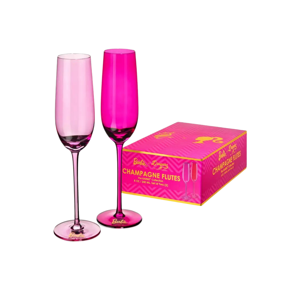 Pink Barbie champagne flutes set for celebration from Parte Haus party supply store in Bethesda MD