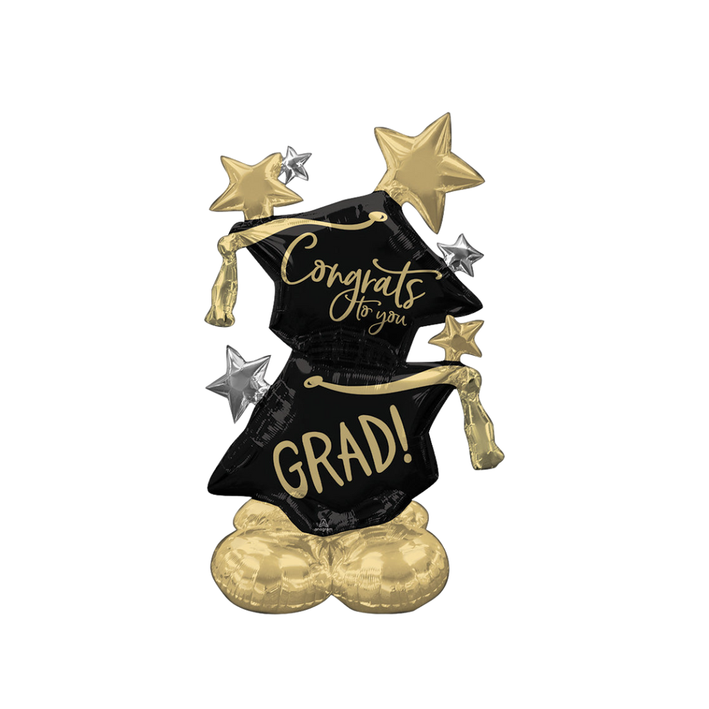 Black and gold graduation foil balloon with stars Congrats to You Grad from Parte Haus party supply store in Bethesda MD.