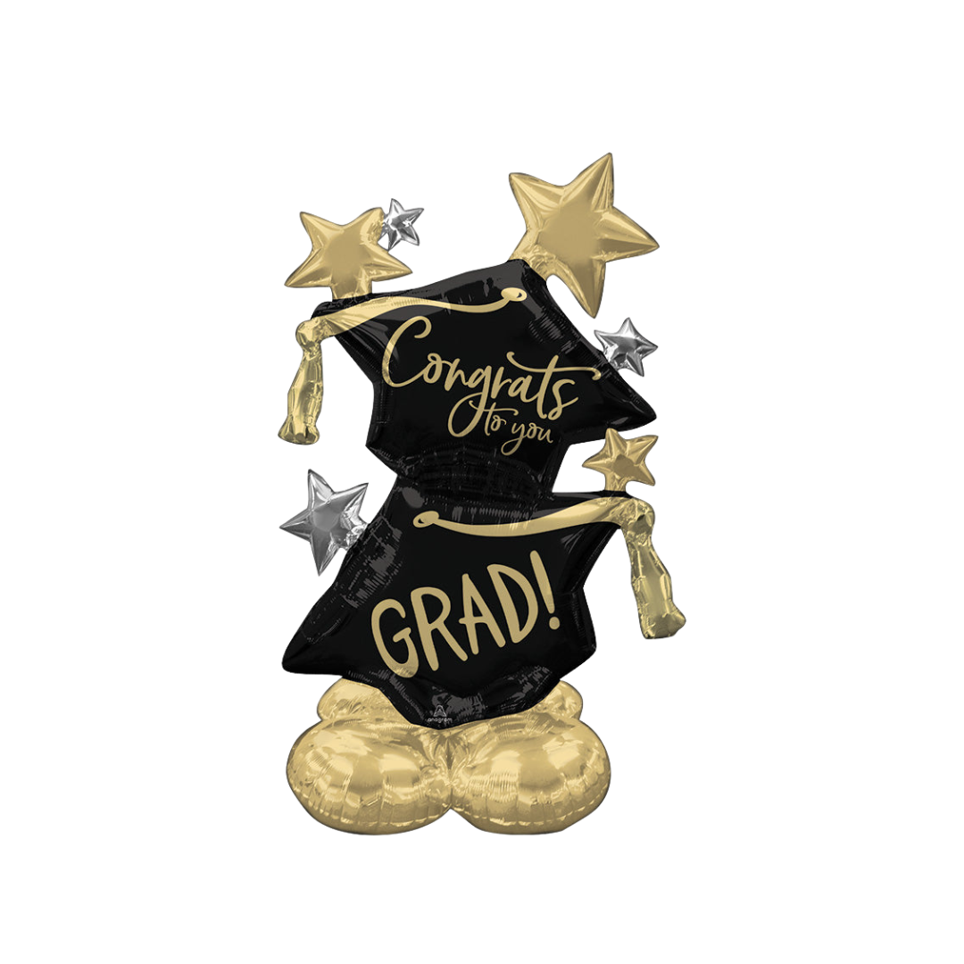 Black and gold graduation foil balloon with stars Congrats to You Grad from Parte Haus party supply store in Bethesda MD.