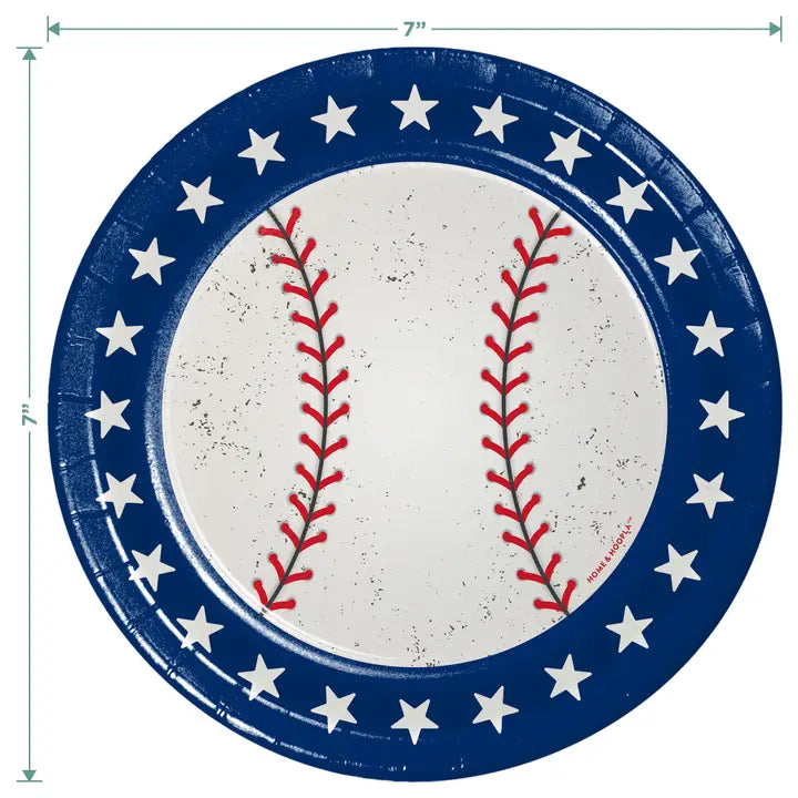 Blue and white baseball theme plate with star border for sports party from Parte Haus party supply store in Bethesda Maryland