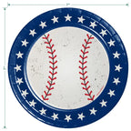 Blue and white baseball theme plate with star border for sports party from Parte Haus party supply store in Bethesda Maryland