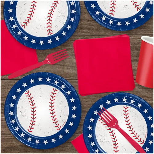 red and blue baseball design paper plates for baseball theme party from Parte Haus party supply store in Bethesda MD