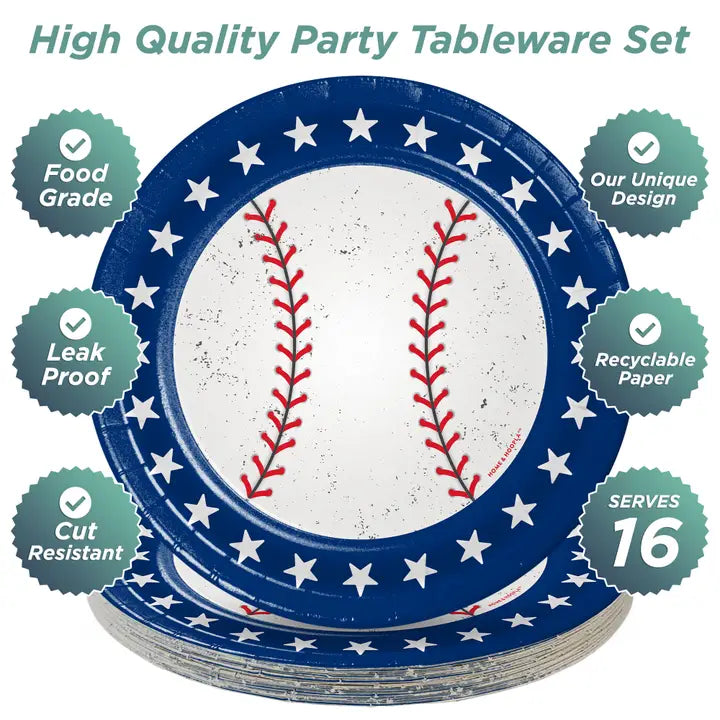 blue baseball plates with star border stack baseball theme from Parte Haus party supply store in Bethesda Maryland