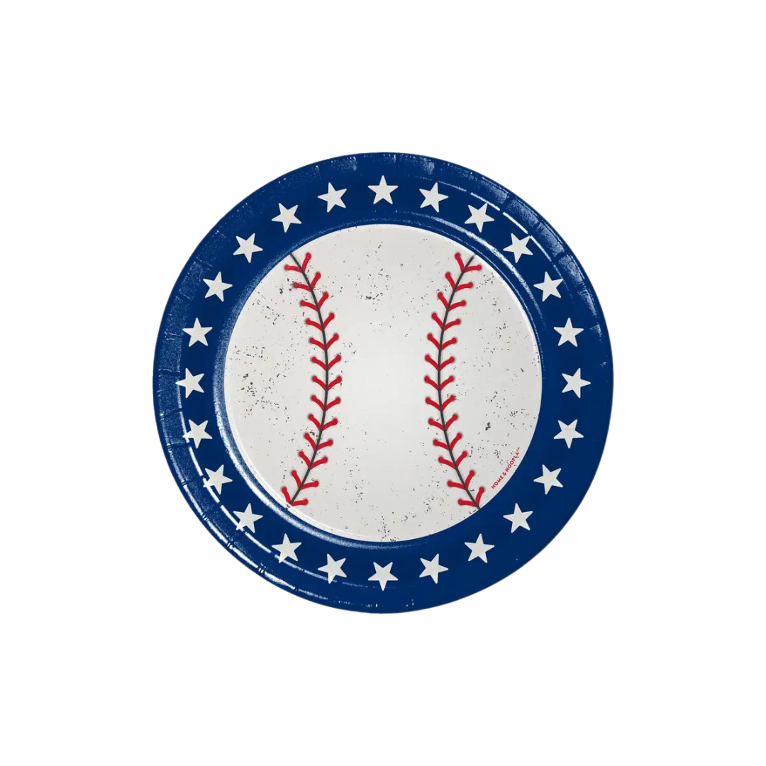blue baseball plate with white stars kids birthday sports theme from Parte Haus party supply store in Bethesda MD
