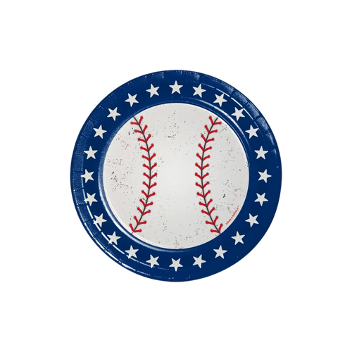blue baseball plate with white stars kids birthday sports theme from Parte Haus party supply store in Bethesda MD