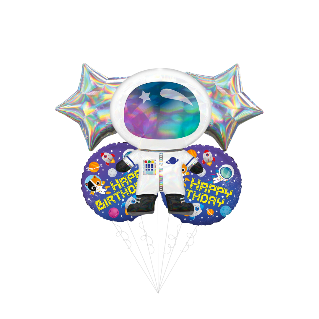 Colorful astronaut balloon set with silver stars space birthday theme from Parte Haus party supply store in Bethesda MD